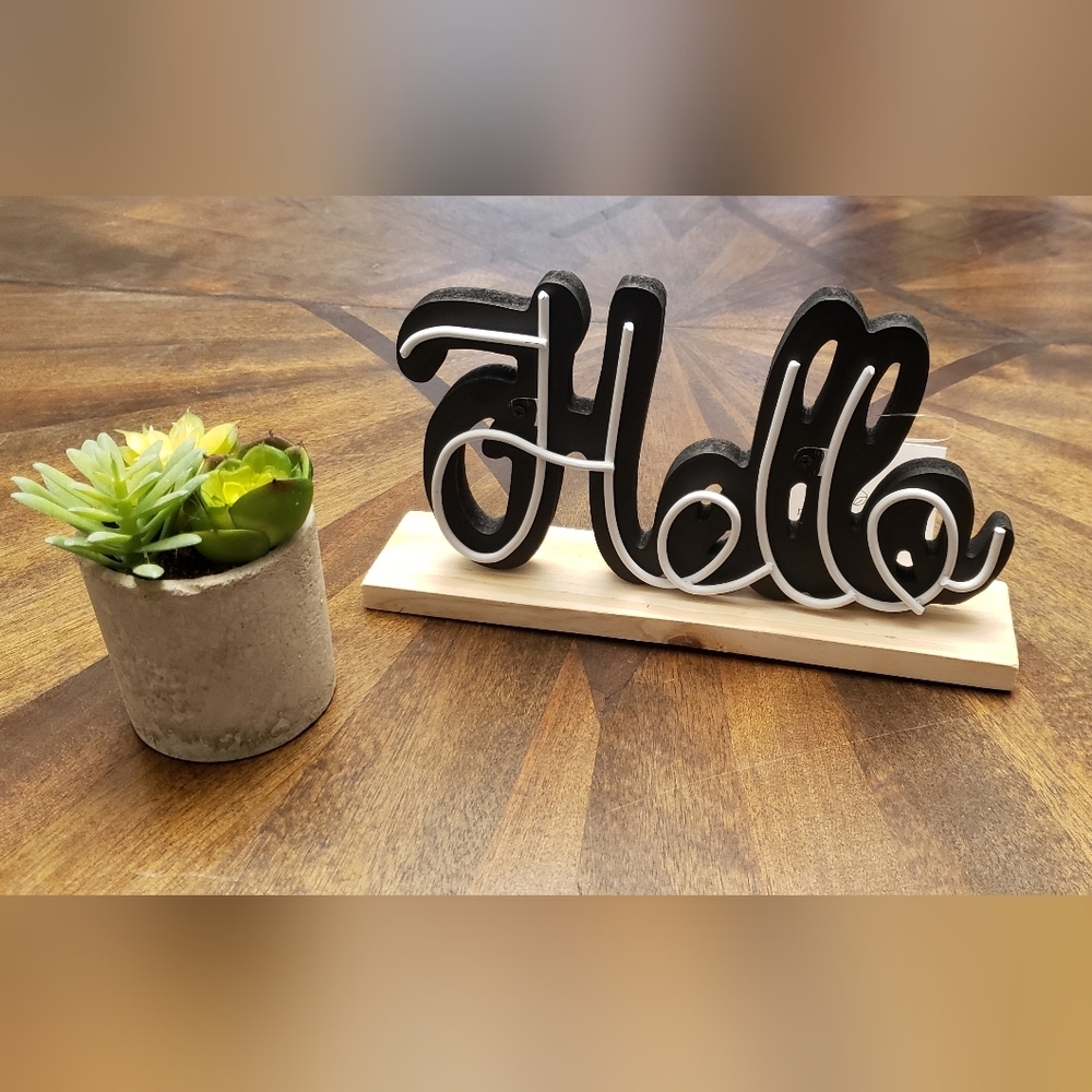 NWT Hello Sign Black & White Decorative Tabletop Accent – Rustic Wood Base